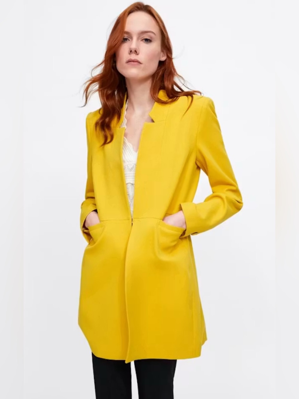 Zara Inverted Lapel Frock Coat Longline Blazer Jacket Mustard Yellow size small